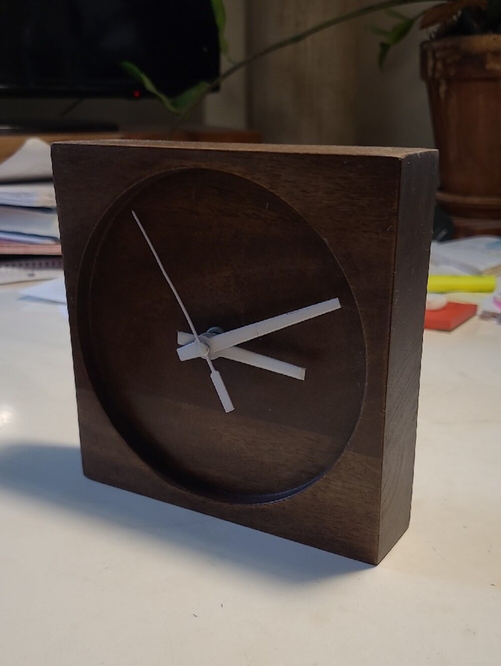 CB2 Brown Wooden Square Desk Table Clock with White Hands